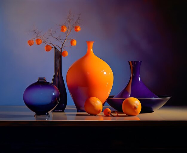 A still life arrangement of orange and purple vases fruit and a branch with berries on a white table against a blue background