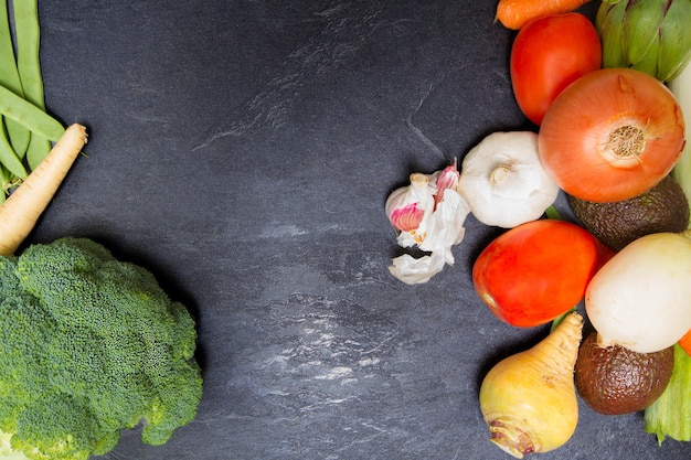 Still life of assorted vegetables viewed from above. copy space