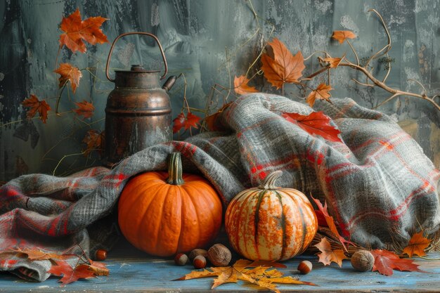 Still life for Autumn Equinox with pumpkins fall leaves acorns and a cozy plaid blanket warm an