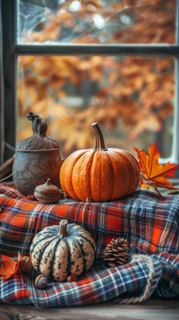 Still life for Autumn Equinox with pumpkins fall leaves acorns and a cozy plaid blanket warm an