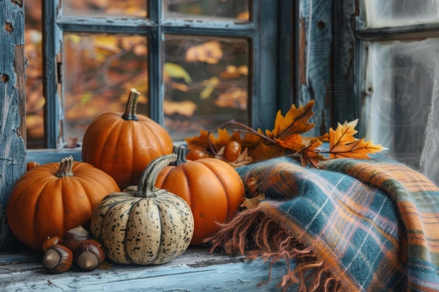 Still life for Autumn Equinox with pumpkins fall leaves acorns and a cozy plaid blanket warm an