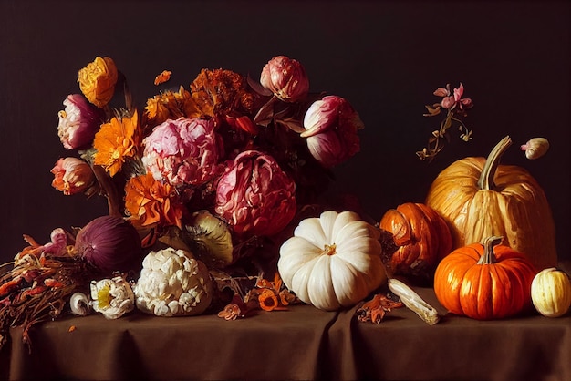 Still life of autumn vegetables and flowers