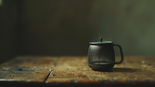 Still life of a black metal teapot with a wooden background The teapot is sitting on a wooden table