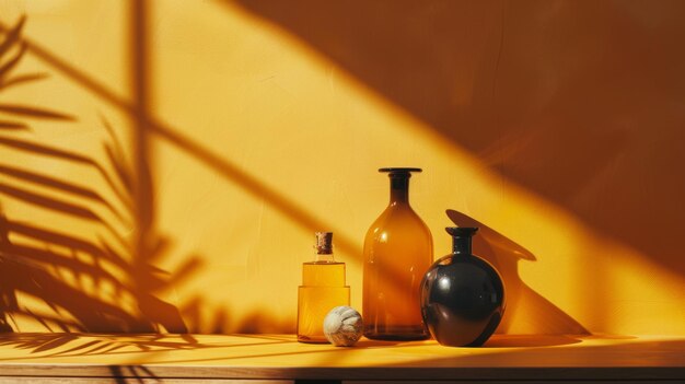 Still life of bottles casting shadows on a yellow background