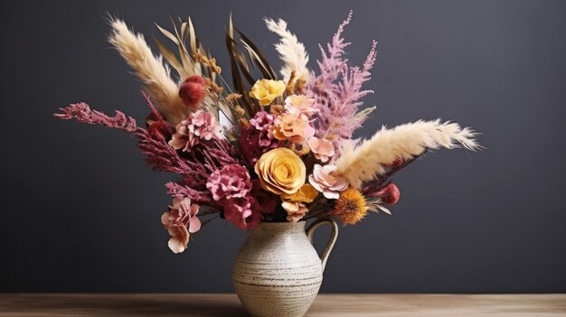 Still life of a bouquet of beautiful dried flowers in a vase on a table with empty space for text