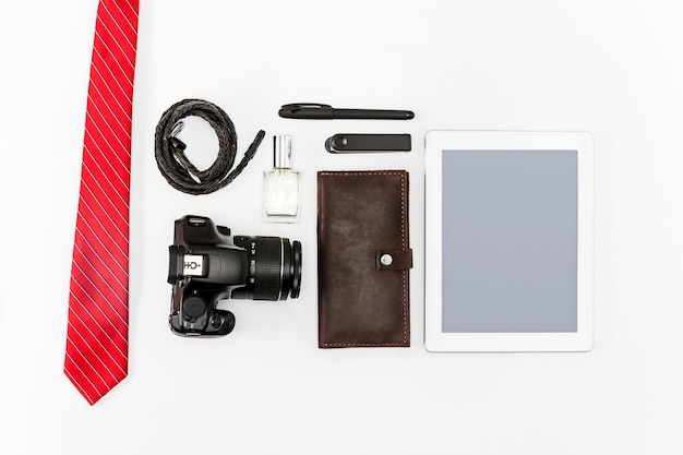 Still life of casual man. Modern male accessories and laptop on white