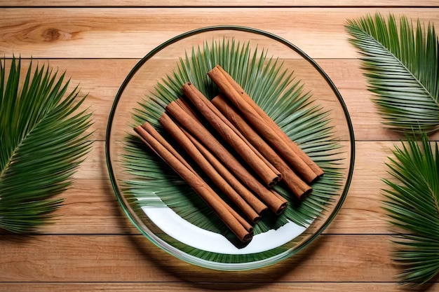 Still life of cinnamon sticks in glass plate with palm leaf on wood board on table top view Rustic s