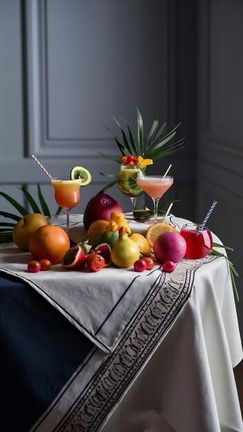 Photo still life of cocktl fruits on tablecloth