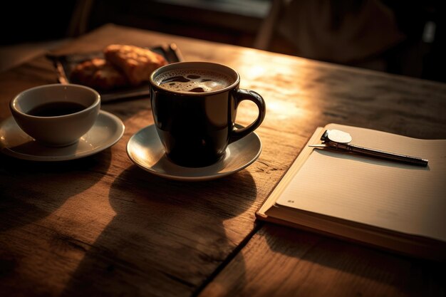 A still life composition featuring a cup of freshly brewed coffee a notepad and a pen Generative AI