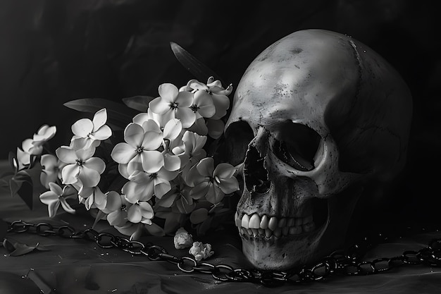 Photo still life composition a human skull accompanied by delicate white flowers and chain