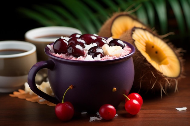 Still life of cup of brazilian acai dessert