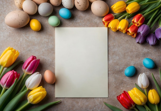 A still life depicting a happy Easter at home with spring flowers tulips and colorful eggs and a place for text