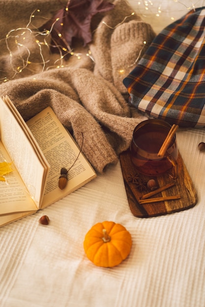 Photo still life details in home interior sweaters and cup of tea with autumn decor and books read rest