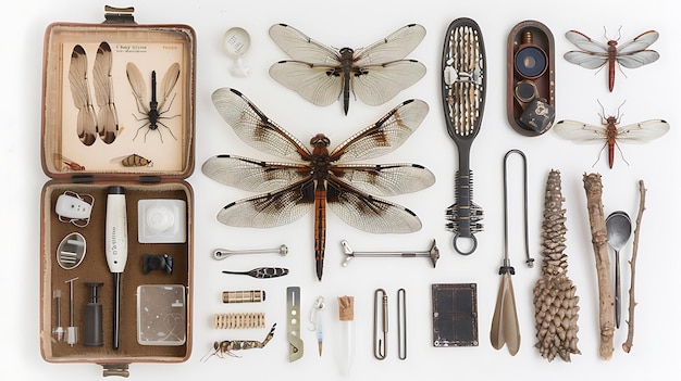 Photo a still life of dragonflies tools and objects in a vintage setting