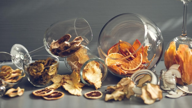 Still life of dried fruits Citruses and dried mangoes