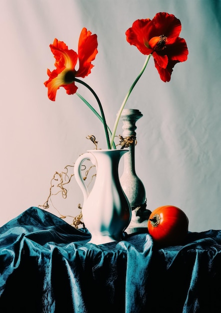 Photo still life an elegant white ceramic jar and an unusual marble vase two bright red blooming flowers a red fruit on a pleated blue drapery contrasts white wall gentle shadows an artistic idea