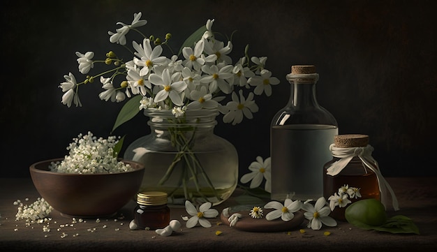 A still life of flowers and a bottle of oil