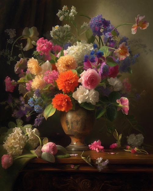 A still life of flowers with a vase of flowers on a table.