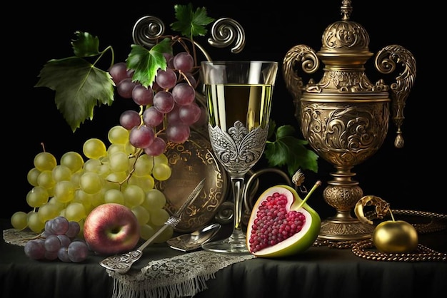 A still life of fruit and a glass of wine