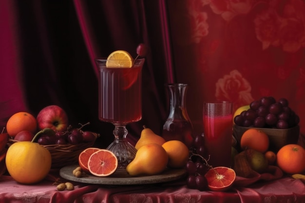 A still life of fruit and wine glasses with a red curtain behind them.