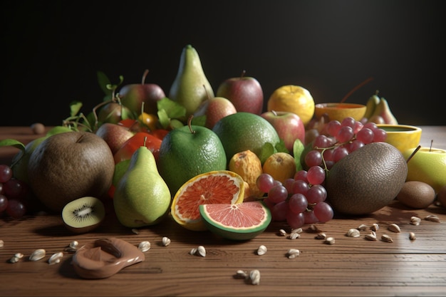 A still life of fruit with a dark background.