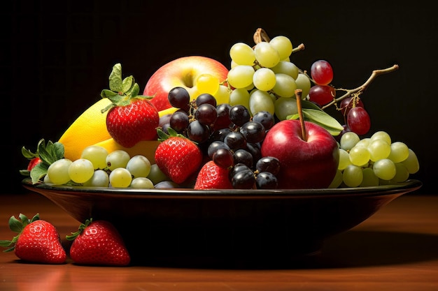 still life of fruits and berries on a dark background Generative AI