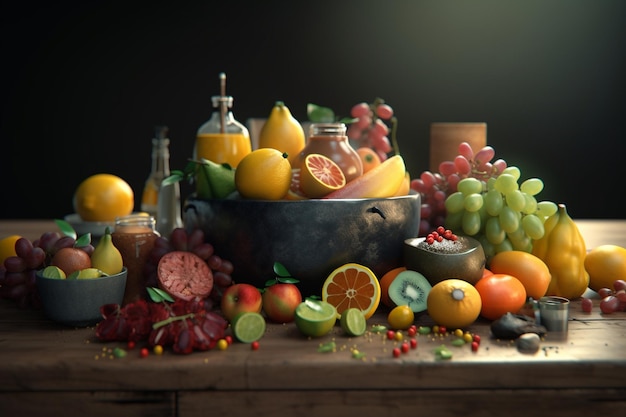 A still life of fruits and berries with a black background.