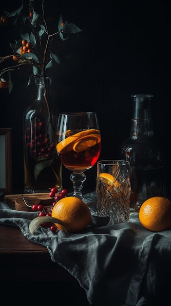 A still life of a glass of alcohol with a bottle of wine and a bottle of wine.