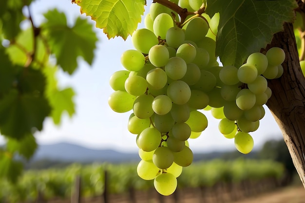 Still life of green grapes in the vineyard surrounding the grapes