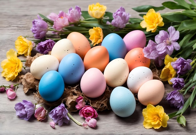 A still life of a Happy Easter at home with spring flowers and colorful eggs on the table