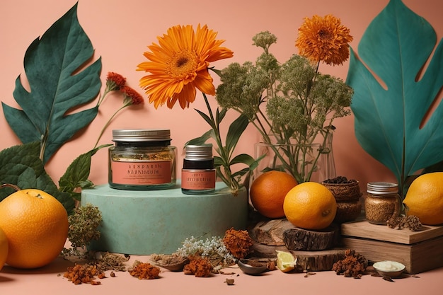 Still life herbarium concept with natural beauty products