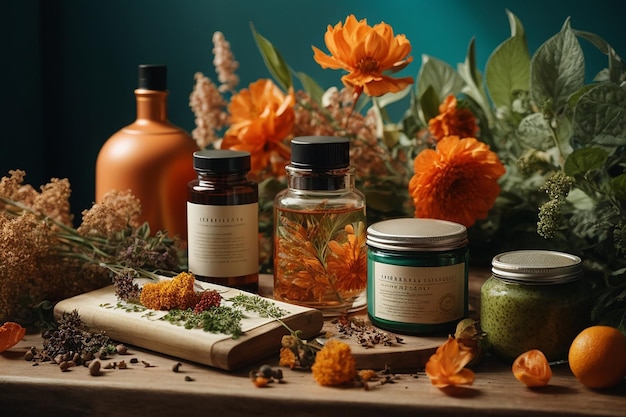 Still life herbarium concept with natural beauty products