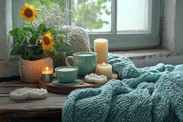 Photo still life home atmosphere in the interior with cups and candles on the table of cozy bedspreads