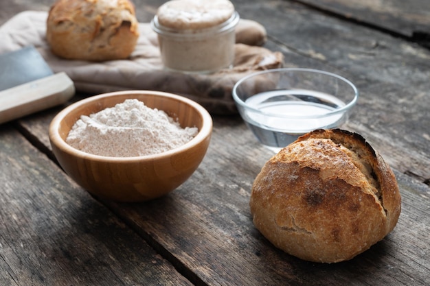 Still life of home made sourdough bread flour water and starter yeast