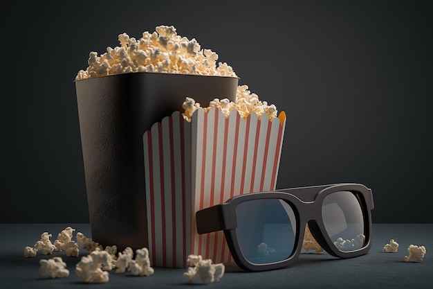 Still life of a isolated cardboard popcorn and 3d glasses