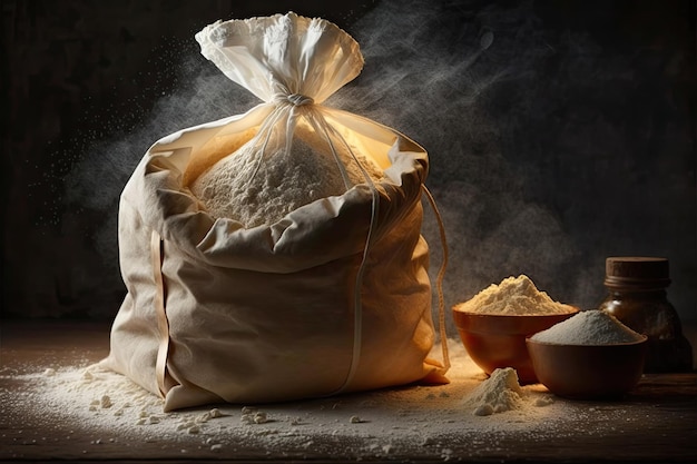 Still life of a large sack full of flour with loaves of bread on a dark background Generative AI