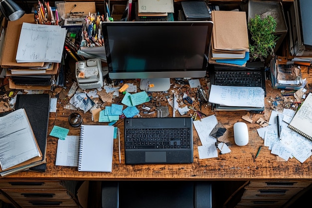 Photo still life of office desk mess