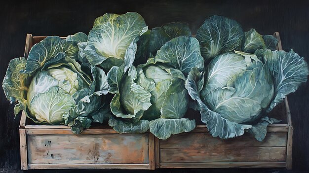 Photo still life oil painting of cabbages in a wooden crate