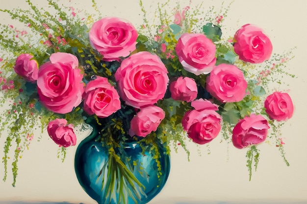 Photo still life oil painting depicting a pink wild rose bouquet in vase beautiful vintage floral painting