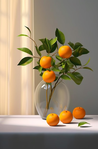 A still life of oranges in a vase with leaves on a table.