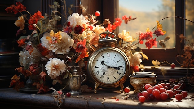 Still life painting featuring flowers and fruit on a table with table clock