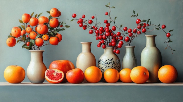 Photo still life painting featuring a variety of oranges grapefruit and red berries in ceramic vases on a shelf