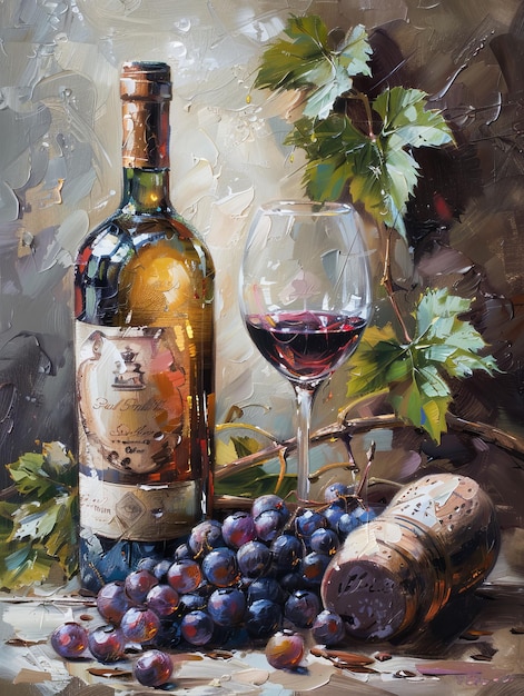 Still Life Painting of Wine Bottle and Glass