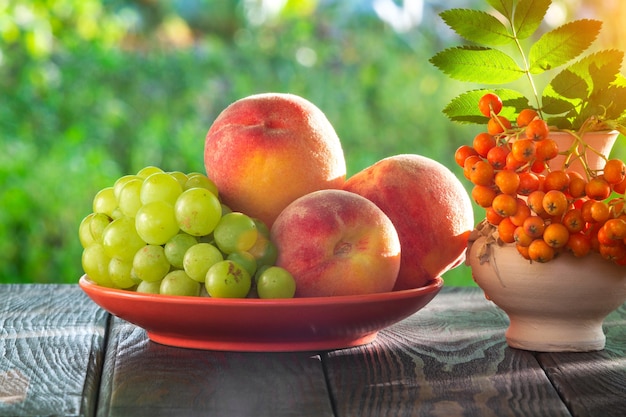 Still life of peach grapes and rowan berries on a wooden table after harvest