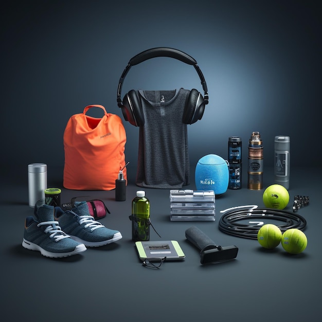 Still life of perfectly ordered fitness and gym accessories