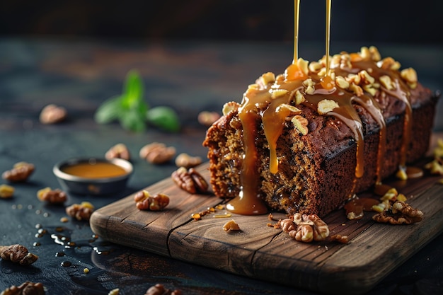 Still life photography of banana bread with walnuts and caramel food photo