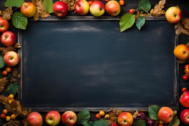 Still Life Photography of a rustic blackboard adorned with an artful arrangement of various fruits and leaves