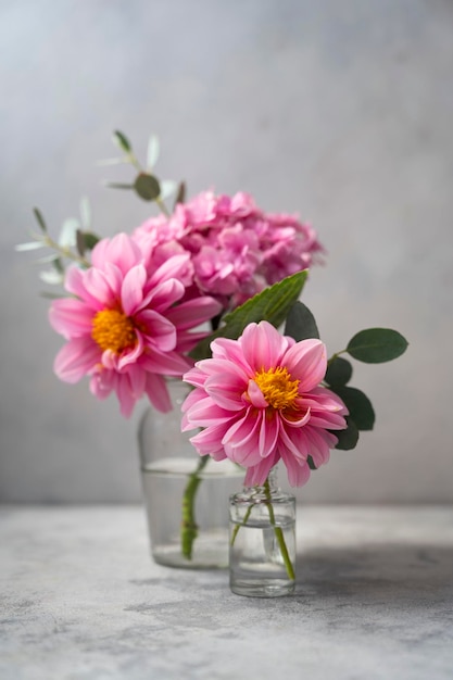 Still life pink flowers scene Pink hydrangea flowers and dahlias in glass vase on neutral background soft selective focus