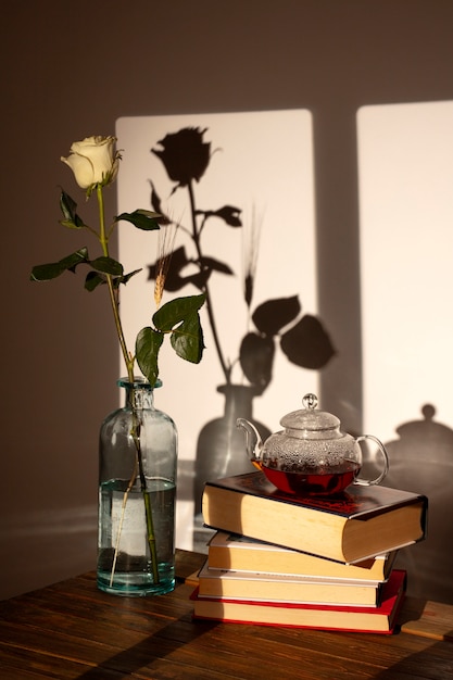 Still life of sant jordi for the day of books and roses