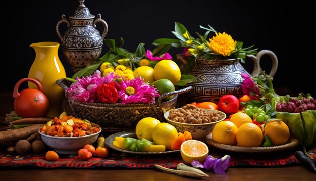 a still life scene with sweet dishes prepared for Gudi Padwa